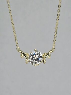 14k Gold-Filled Leaf Solitaire Necklace with Clear 2.0ct Moissanite